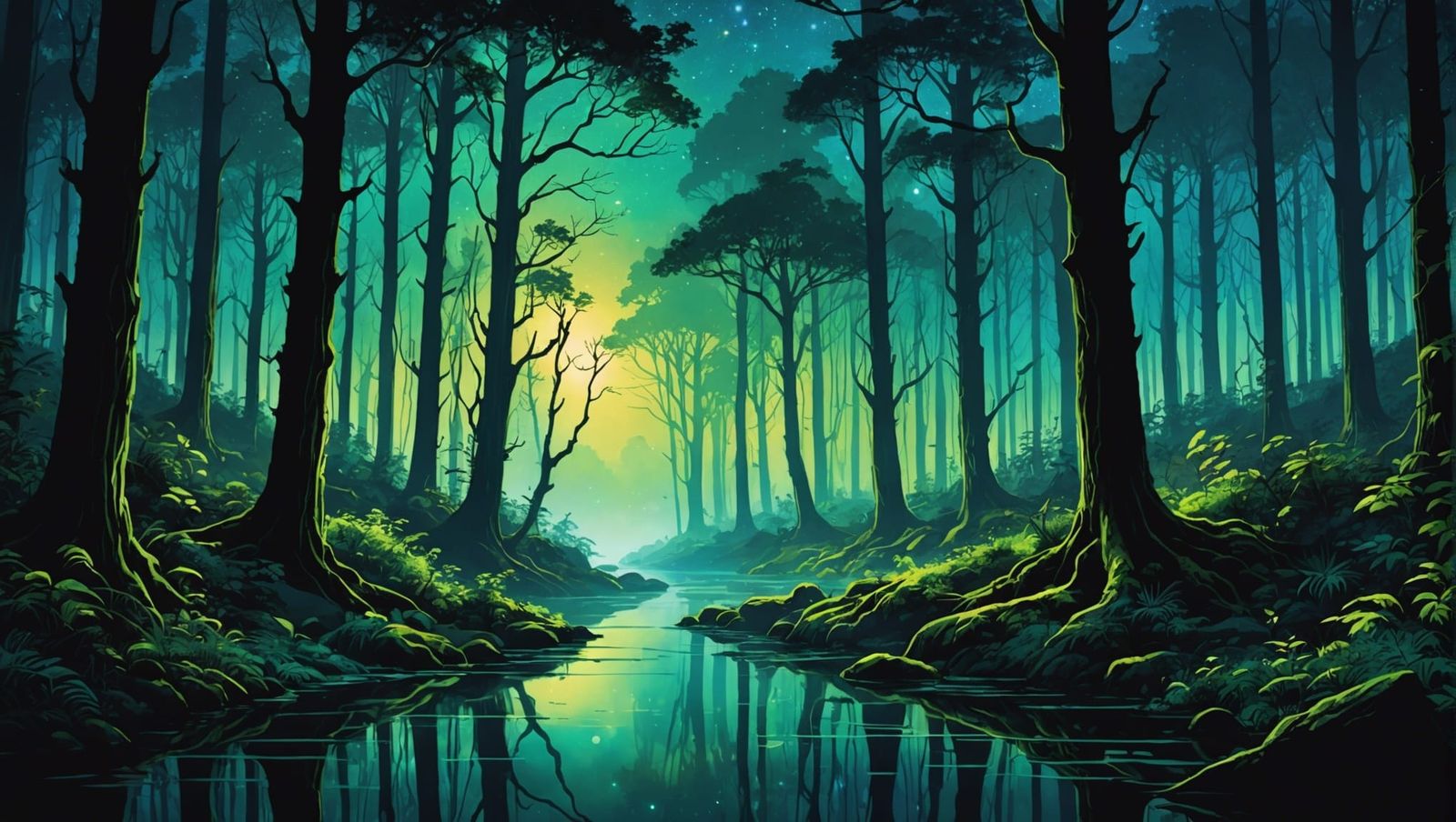 Bioluminescent Forest: Ink Portrait with Vibrant Colors