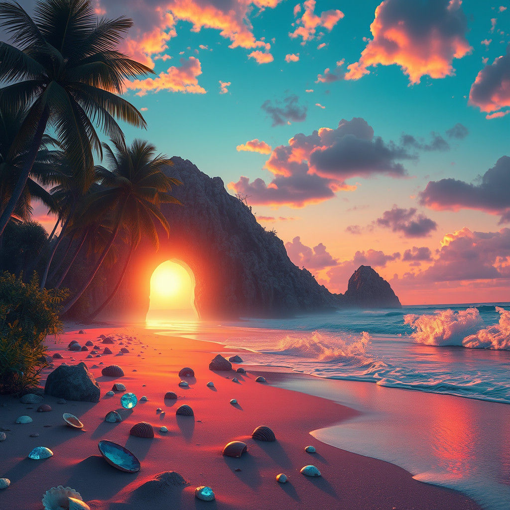 Dreamlike Beachscape with Gemstones and Glowing Portal