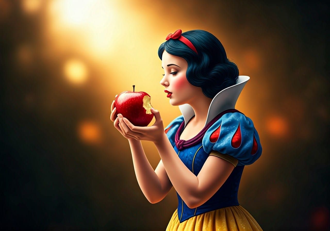 Ethereal Snow White in Vibrant Hyper-Realism, Biting into a ...