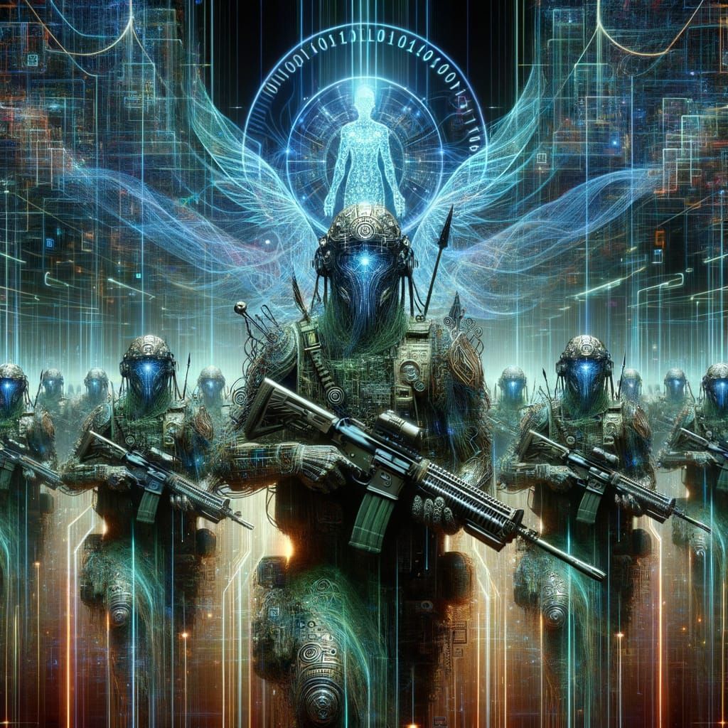 Futuristic Army with Holographic Dragons in Cyberpunk Style