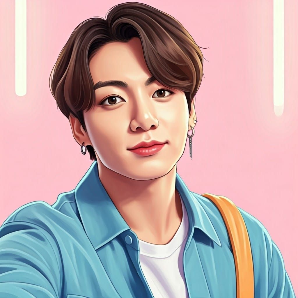 K-Pop Idol Jungkook Takes a Stylish Selfie in a Vibrant Stud...