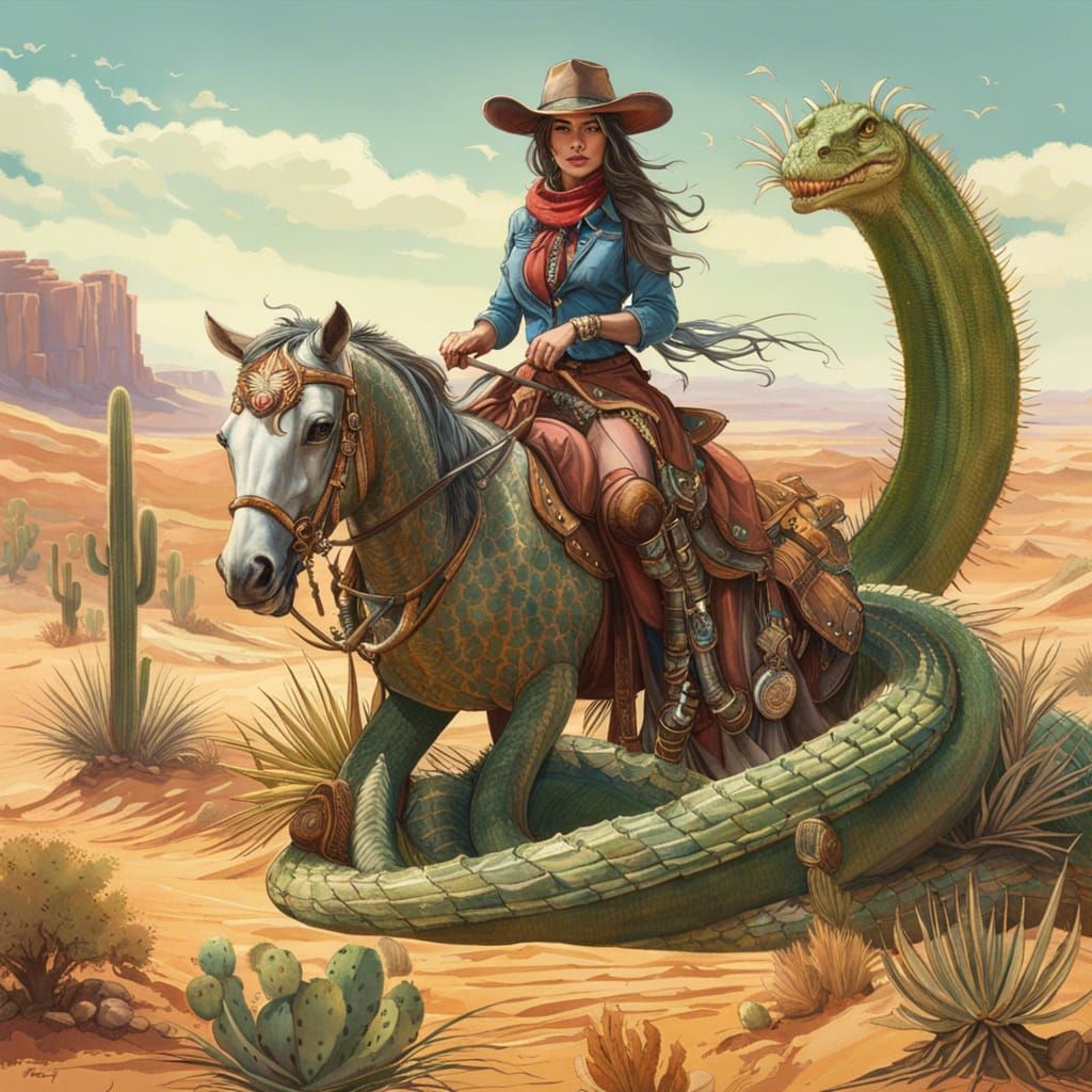 Cowgirl Rides Sand Snake in Desert Landscape