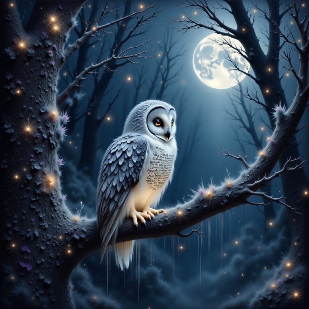 Ethereal Owl with Moonlight Feathers in Spectral Forest