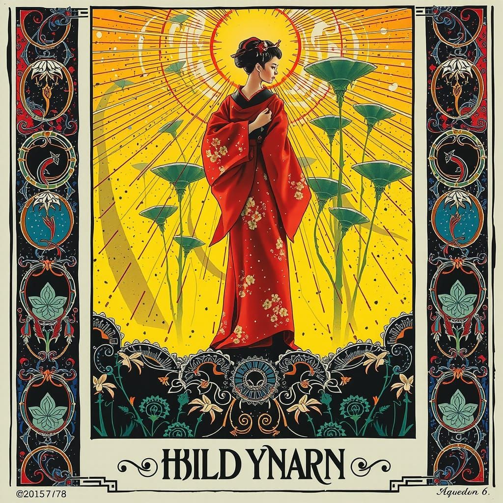 Elegant Geisha in Luminous Botanical Field Under Nebula Glow