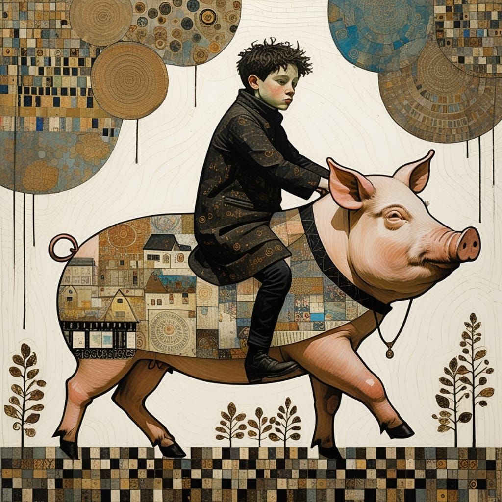 Boy Riding a Pig in Mixed Media Collage