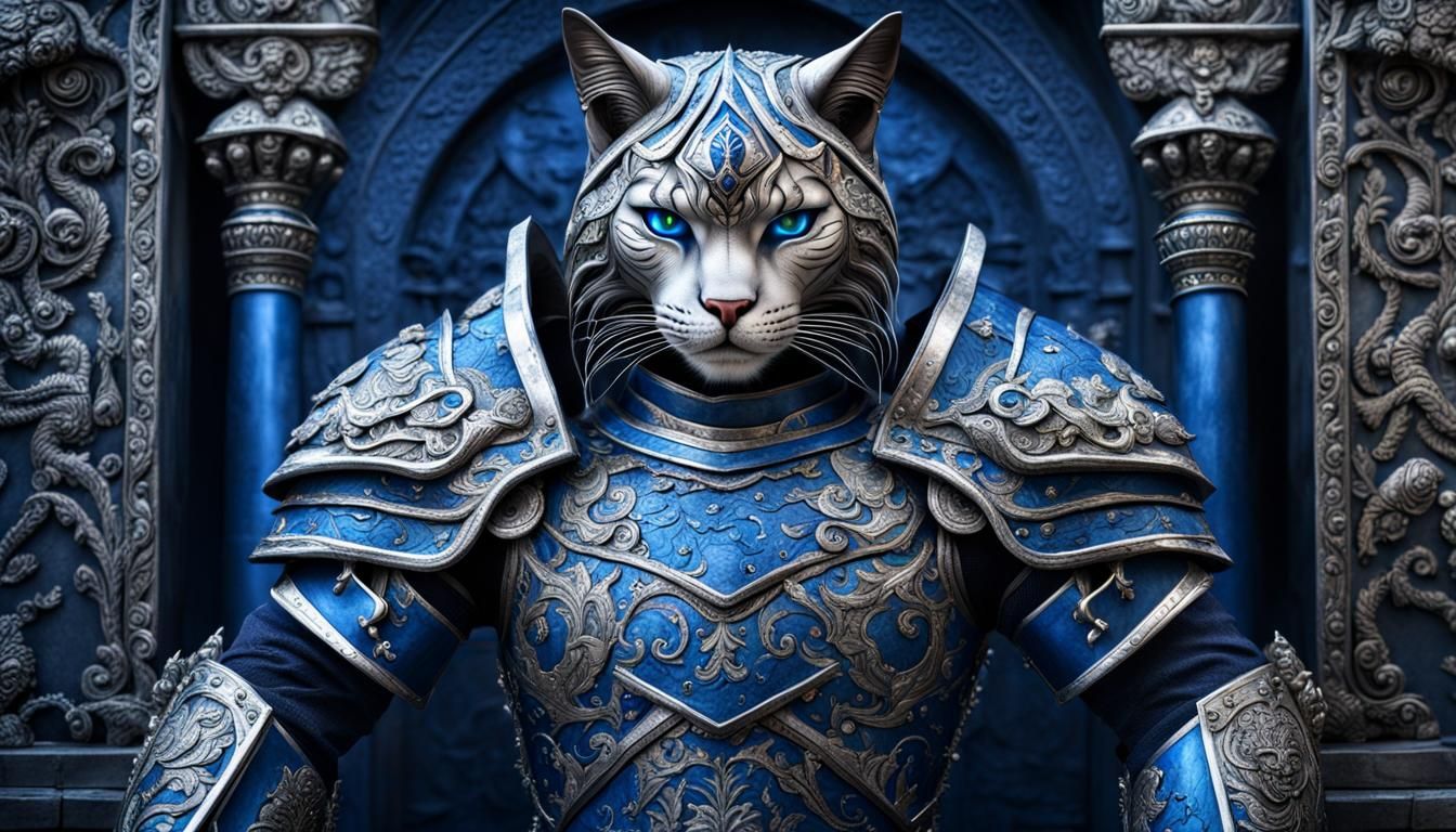 Feline Warrior Guarding Hell's Gates in Elaborate Armor