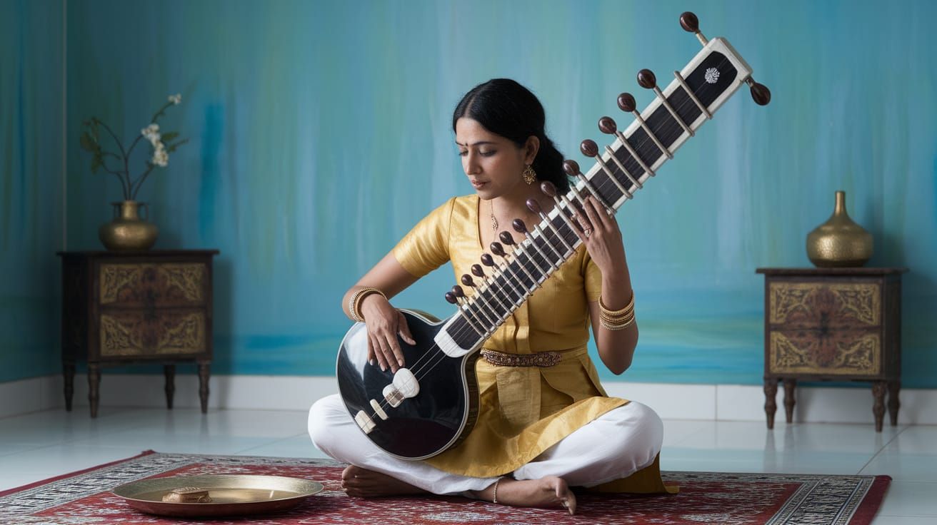 Indian Woman Plays Sitar in Elegant Music Room