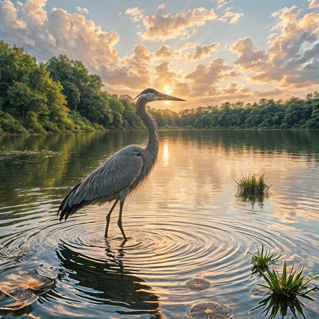 Majestic Heron in Sunset Lake Scene