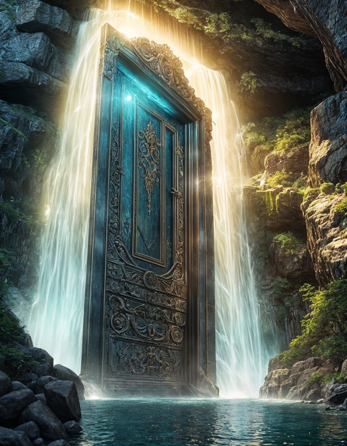Bioluminescent Door at Waterfall Base in Hyperrealistic Styl...