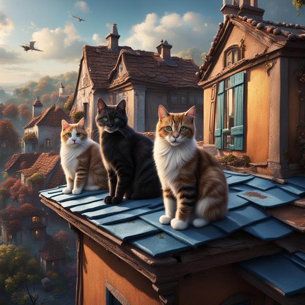 Cats Overlook Quaint Village in Detailed Matte Painting