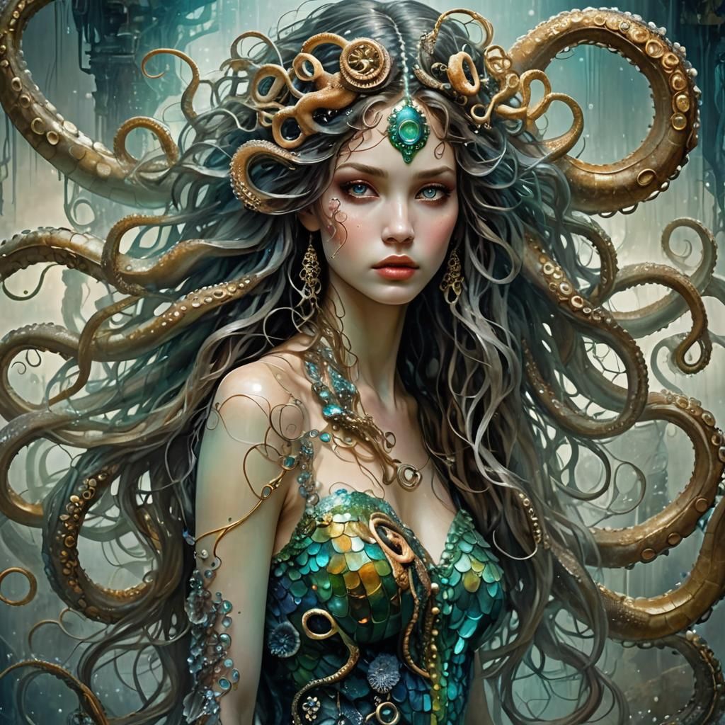 mermaid with octopus tentacle hair
