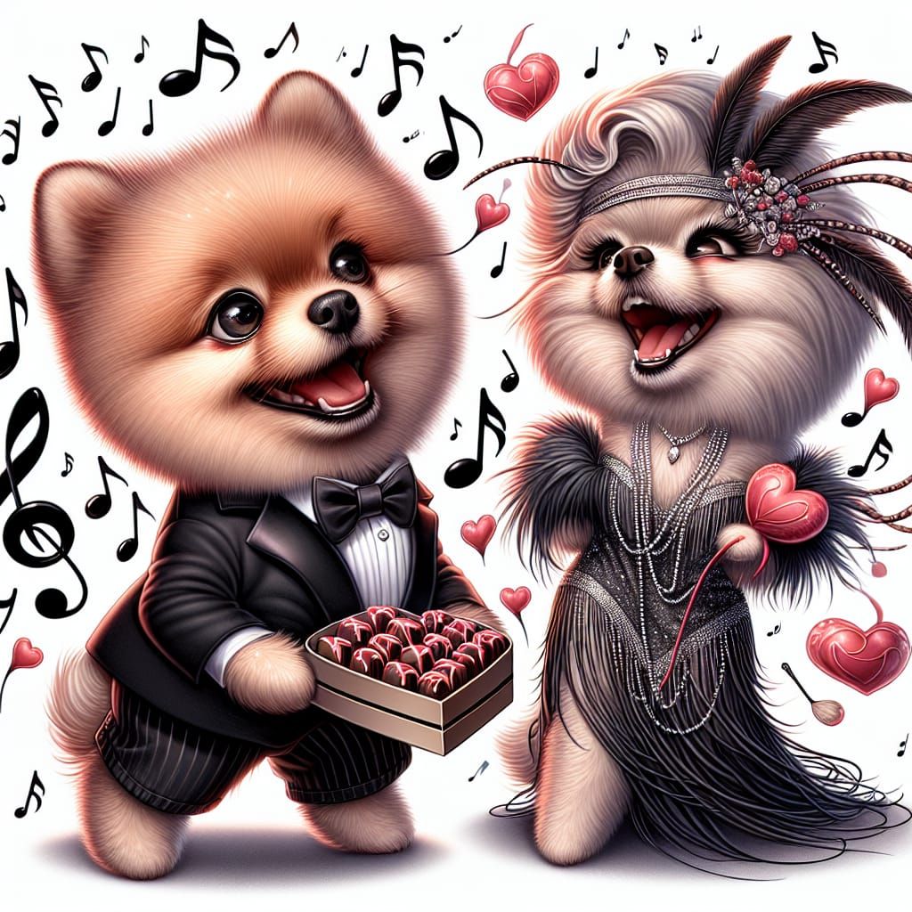 Cute Flapper Pomeranians Dance amidst Musical Notes