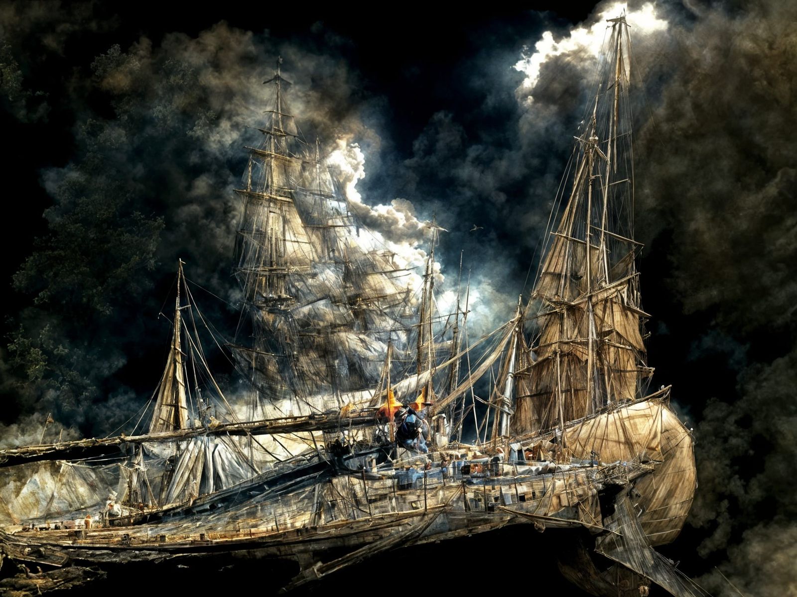 Sailing Ship Ablaze with St. Elmo's Fire