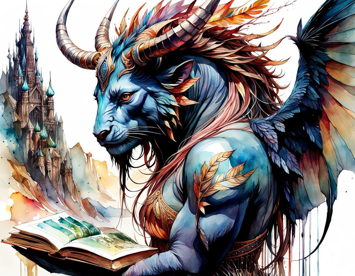 Watercolor Behemoth in Surreal Steampunk Landscape