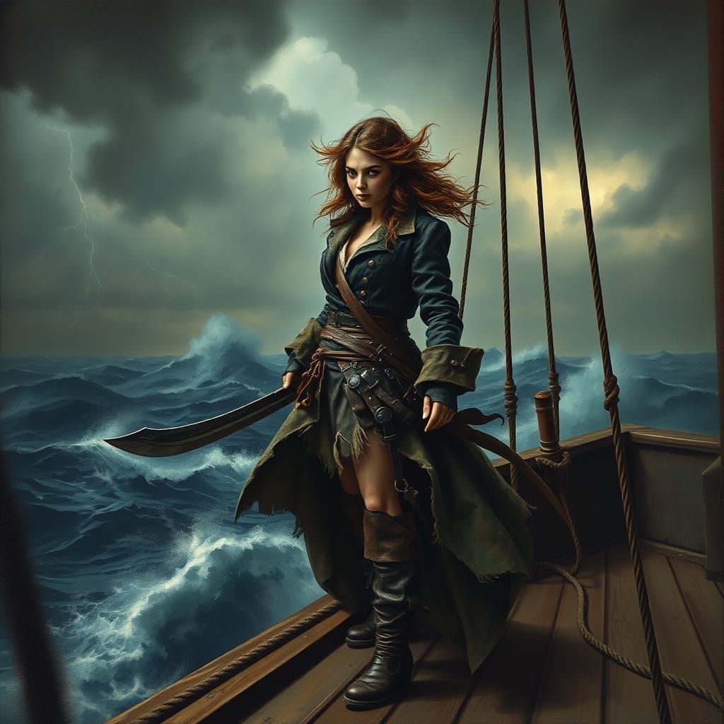 Fierce Pirate Captain on Stormy Seas: Oil Painting Style