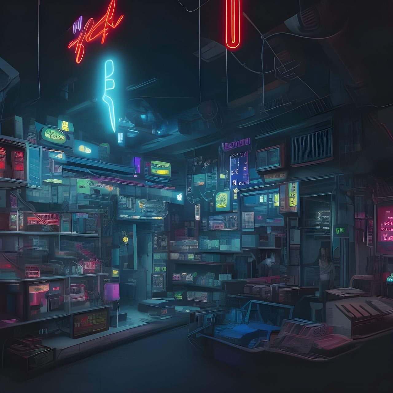 Detailed Cyberpunk Shop Interior with Neon Lights