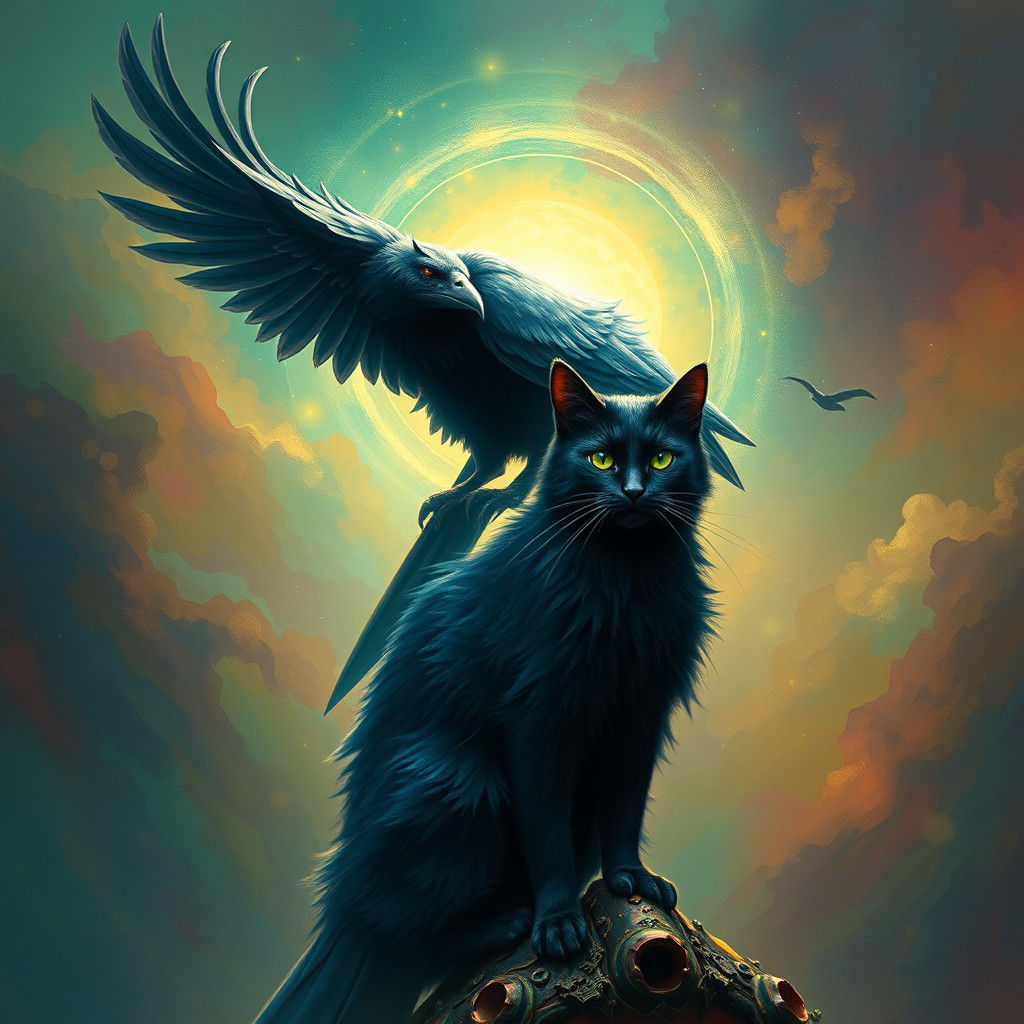 Crow and Cat in Fantasy Concept Art Style