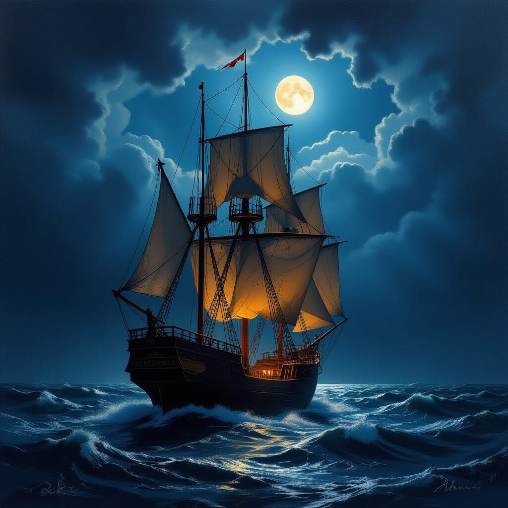 Majestic Ship in Stormy Seas Under Moonlight