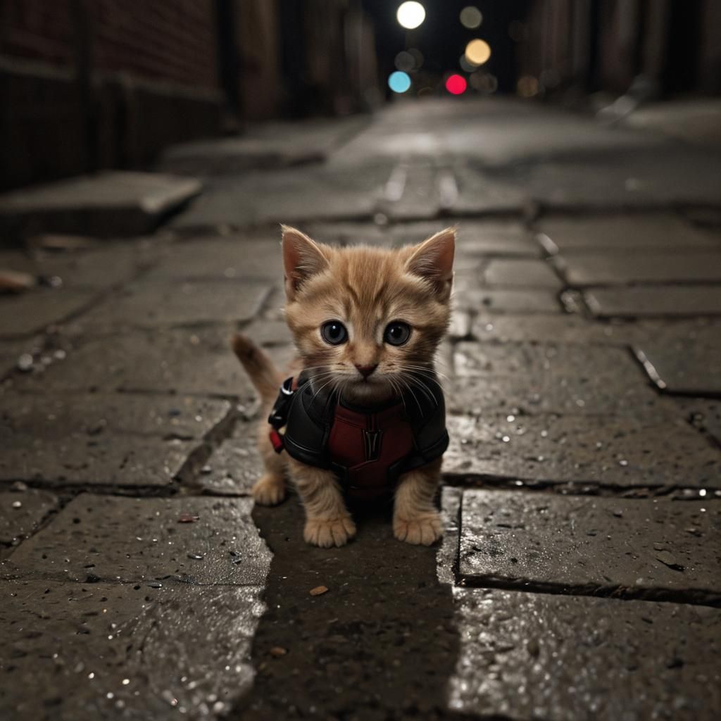 Kitten as Deadpool in Moonlit Alley Photograph