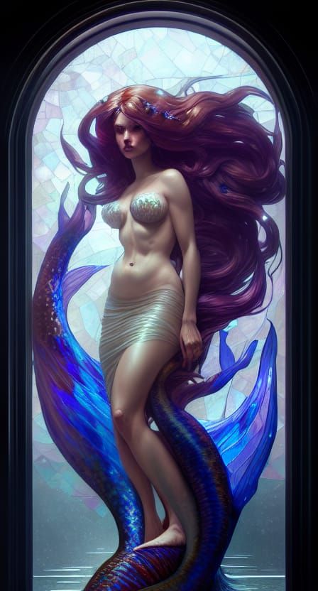 Stained Glass Royal Mermaid Portrait, Detailed Concept Art