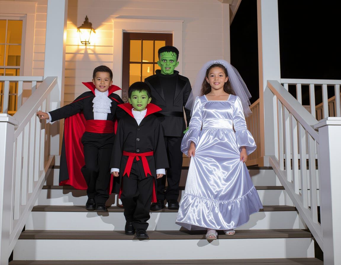 Kids Trick-or-Treating as Classic Monsters at Night