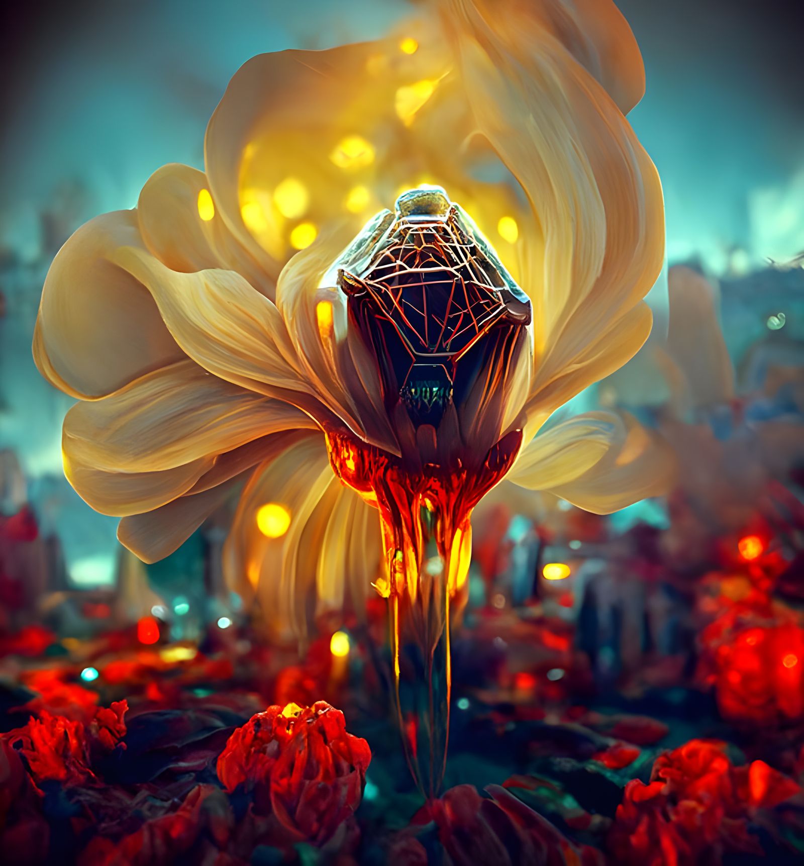 Ethereal Honeycomb Flower Painting in Psychedelic Style