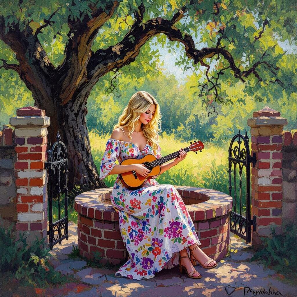 Impressionistic Oil Painting: Woman with Ukulele at Well