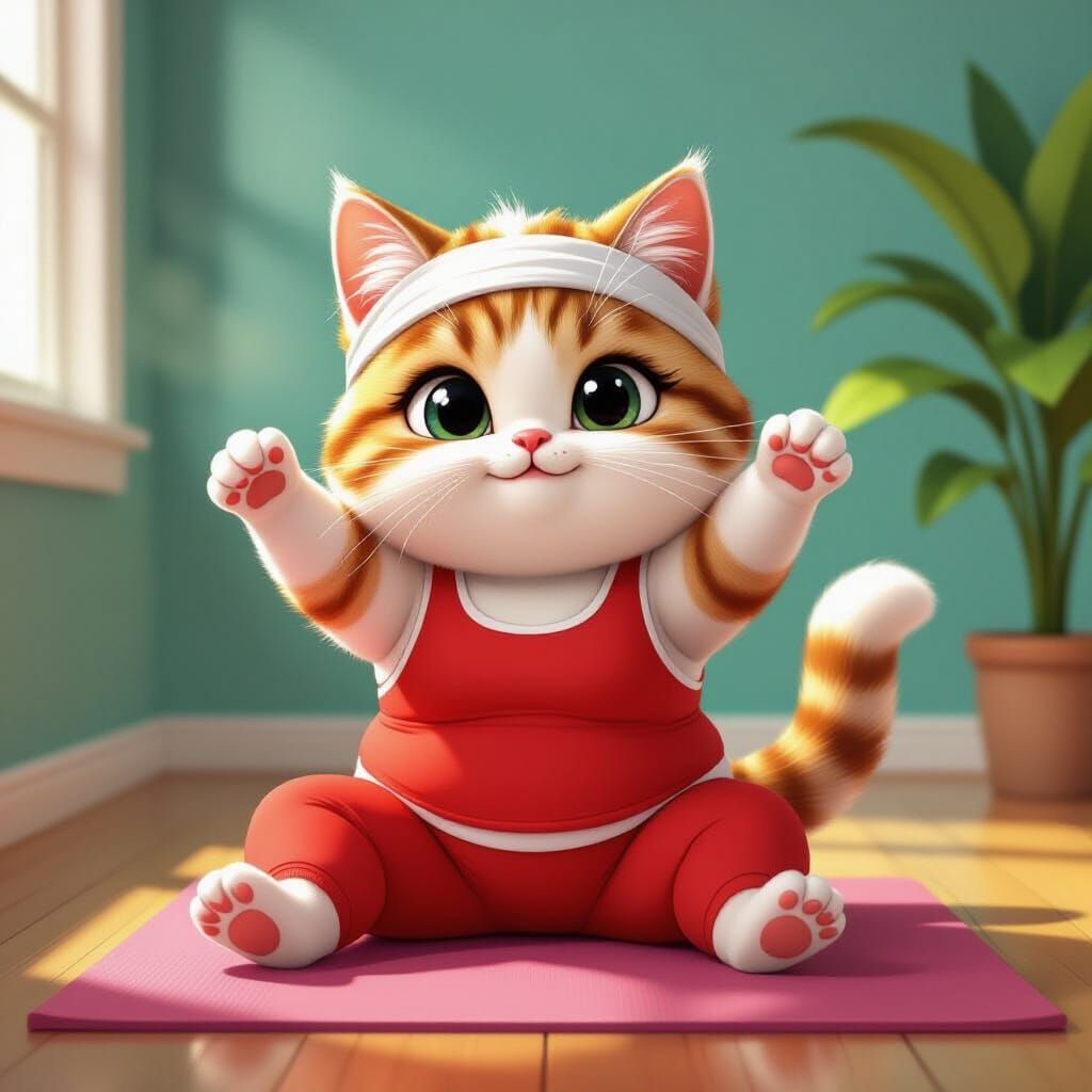 Chubby Cat Stretching: Cartoon Airbrush Illustration