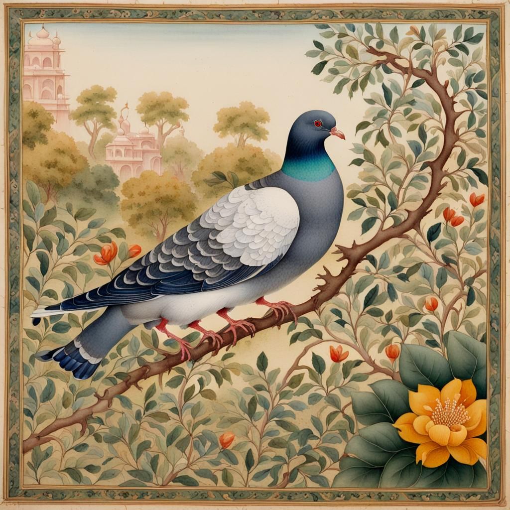 Pigeons in Lush Garden: Mughal Miniature Painting
