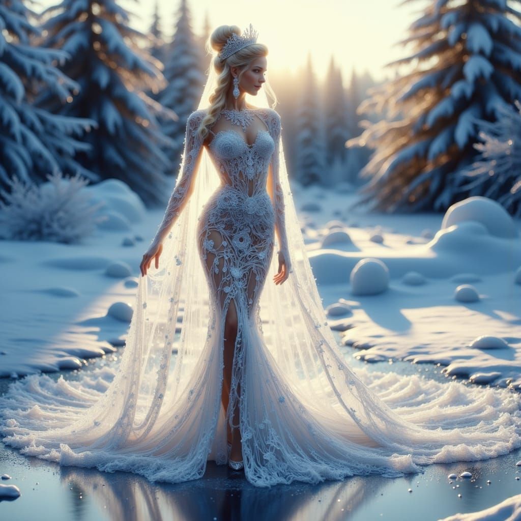 Tsarina in Crystal Gown Melts in Snowy Landscape
