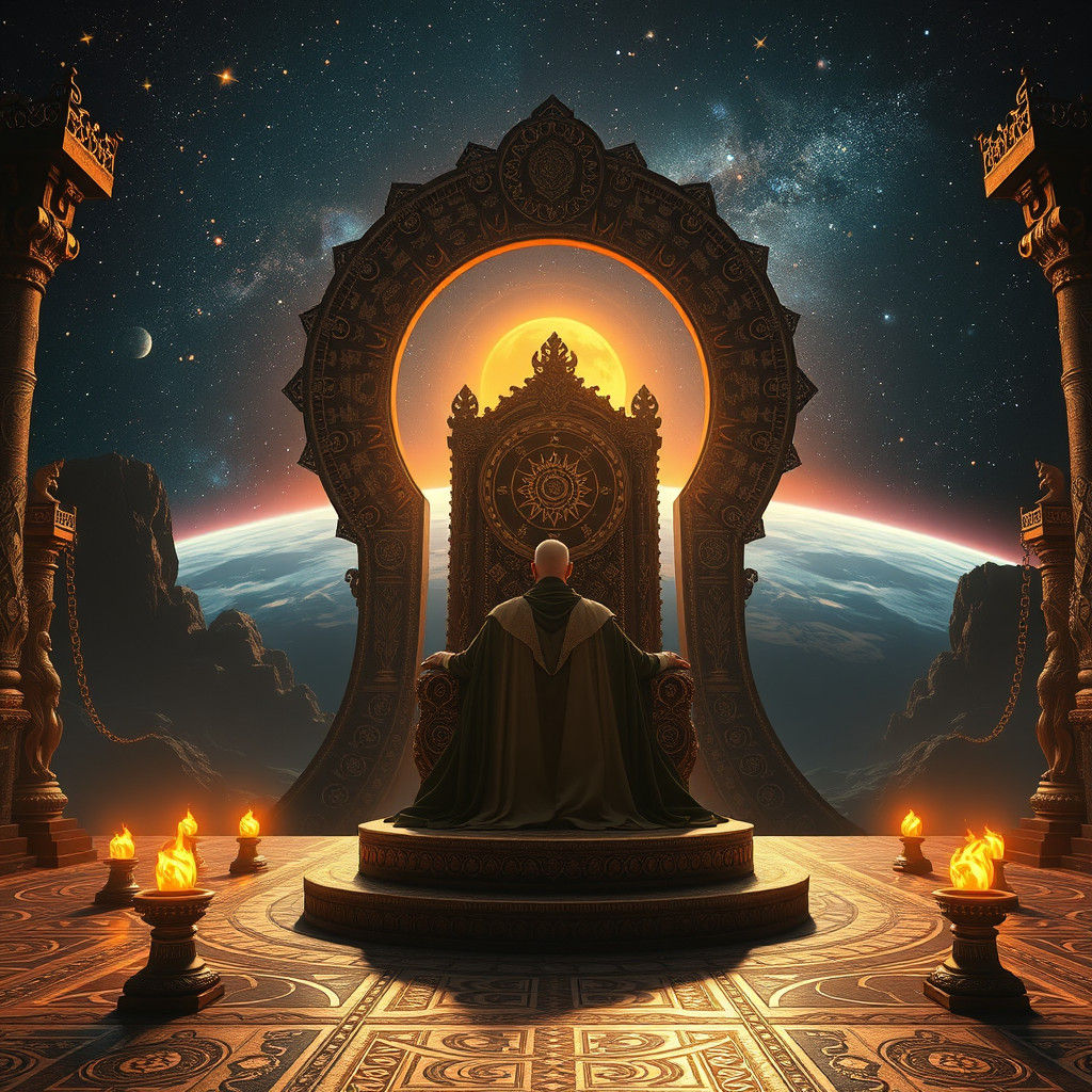 Celestial Throne: Sunrise Over Earth in a Mystical Galaxy