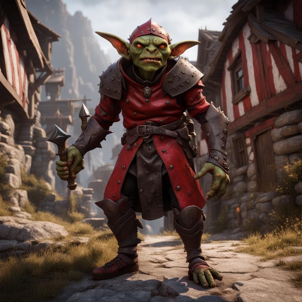 Menacing Goblin Warrior in Red Armor