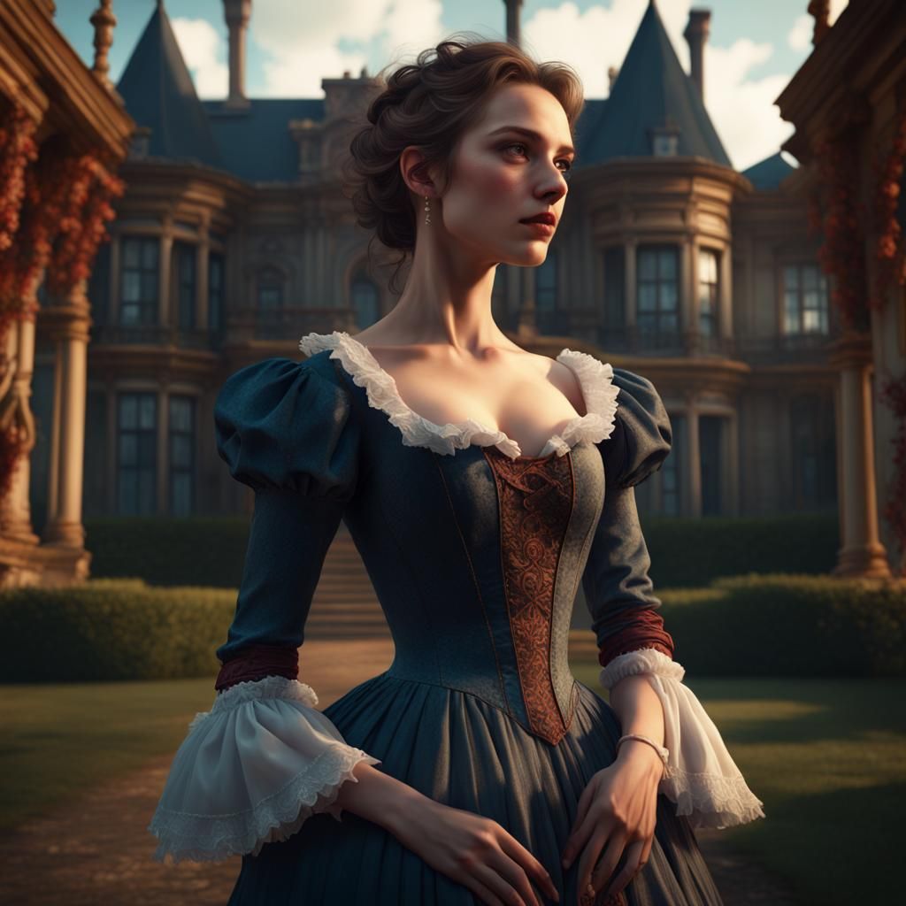 Victorian Girl at Estate: Detailed Matte Painting