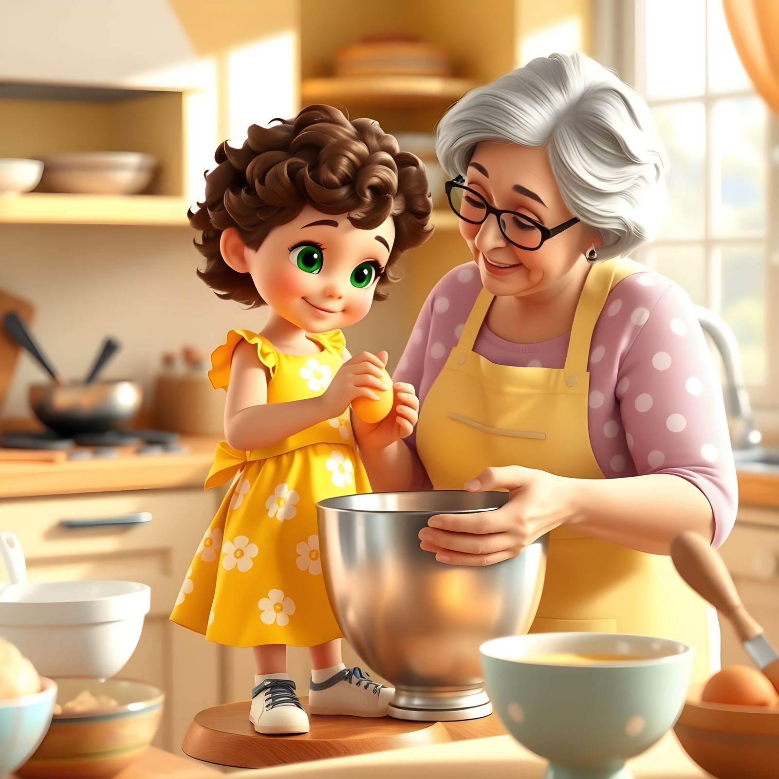 Cozy Kitchen Moment in Whimsical Pixar Style
