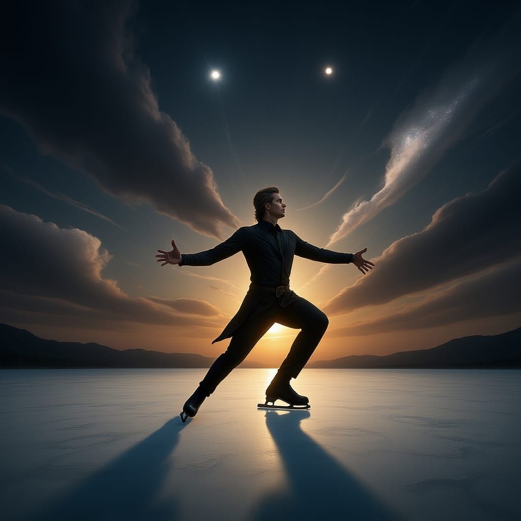 Figure Skater on Sky Lake Under Celestial Sky