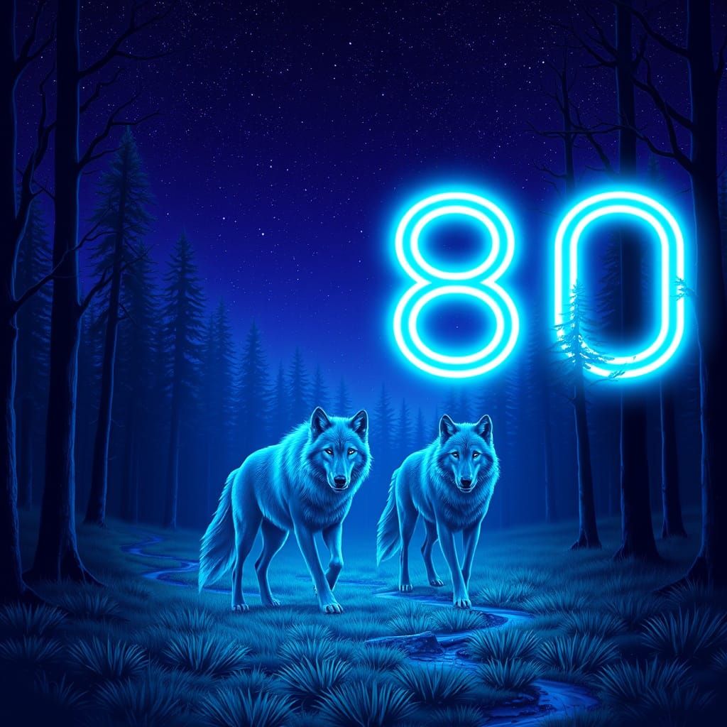 Blue Wolves in Synthwave Forest at Night