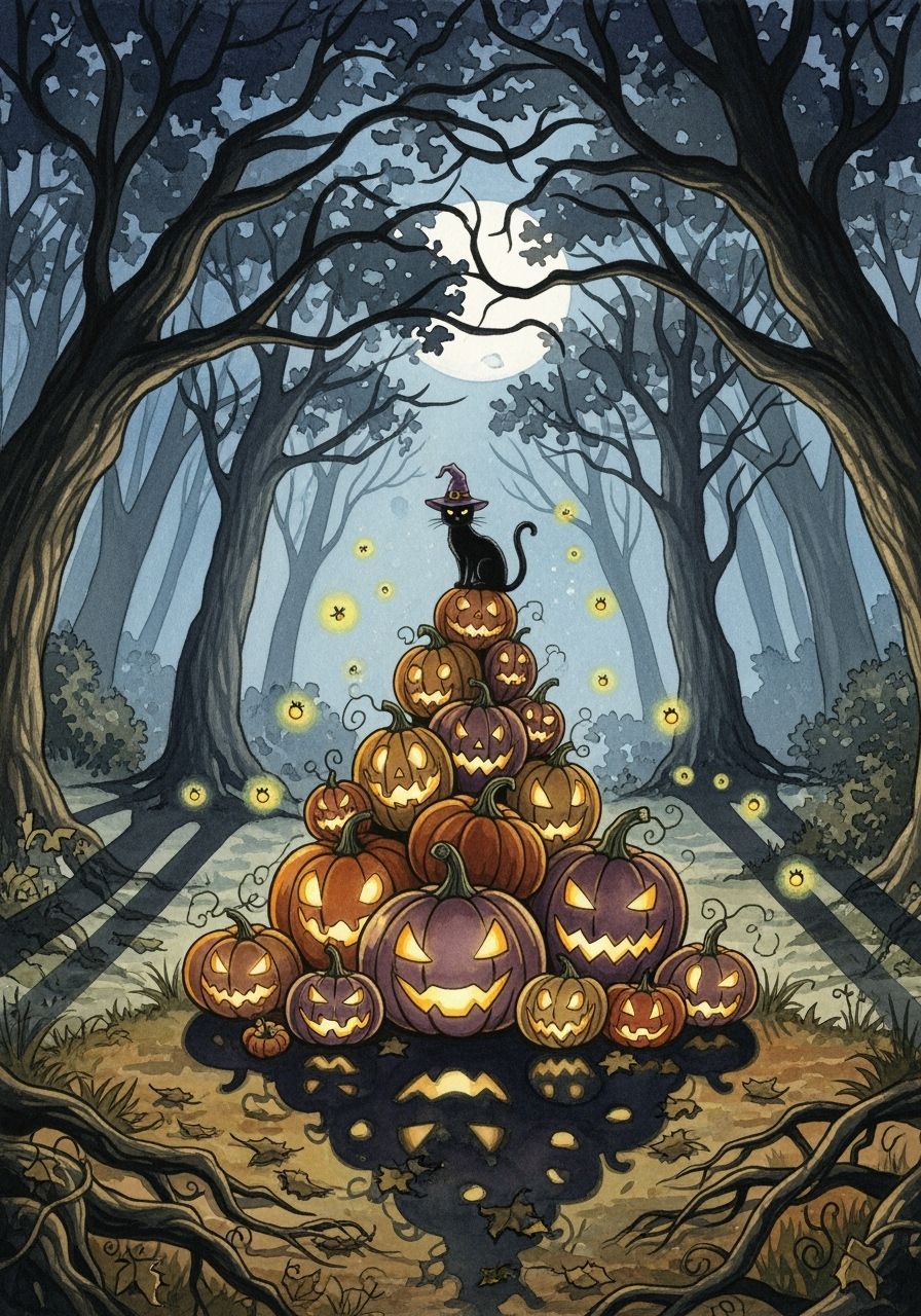 Magical Black Cat in Mystical Forest, Watercolor Art