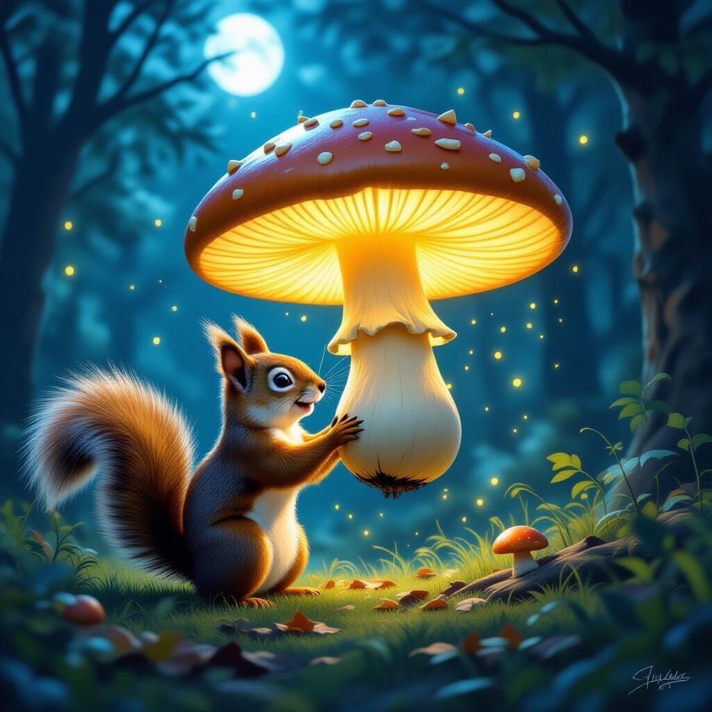 Mischievous Squirrel Steals Glowing Mushroom in Moonlit Glad...
