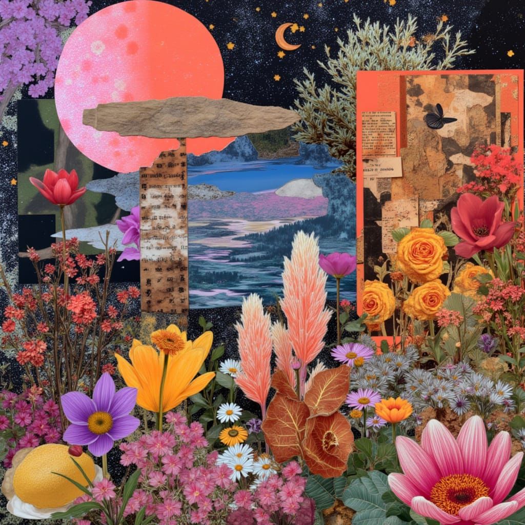 Vibrant Collage in Fantastical Landscape