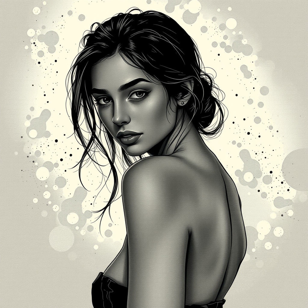 Sensual Woman in Dimly Lit Ink Wash Illustration