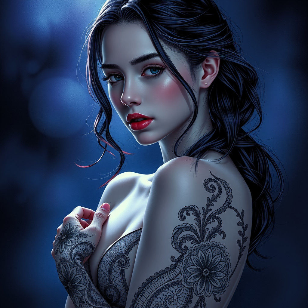 Sensual Woman in Mystical Violet Hues, Ink Rendering