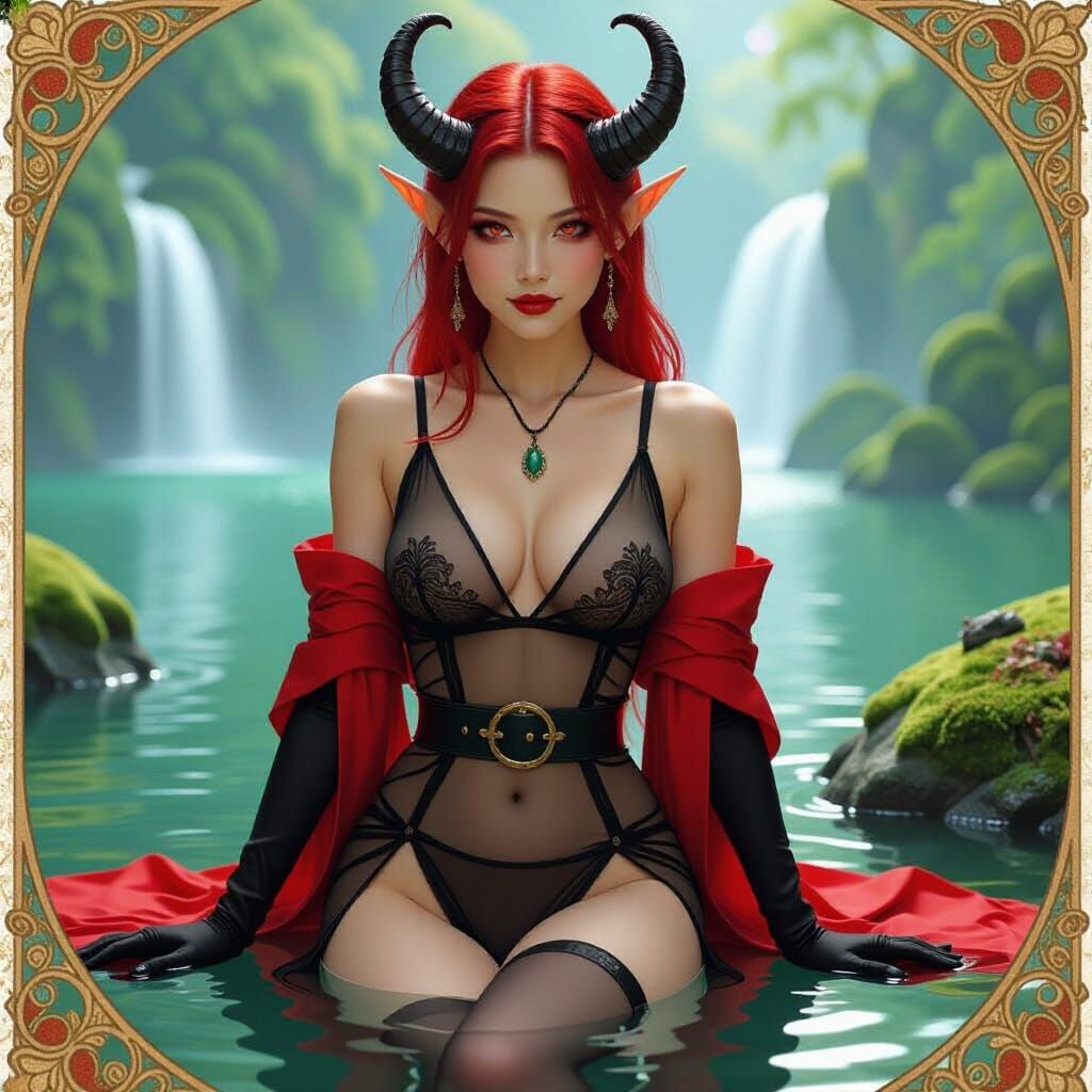 Tiefling with Asian Features in Art Nouveau Style