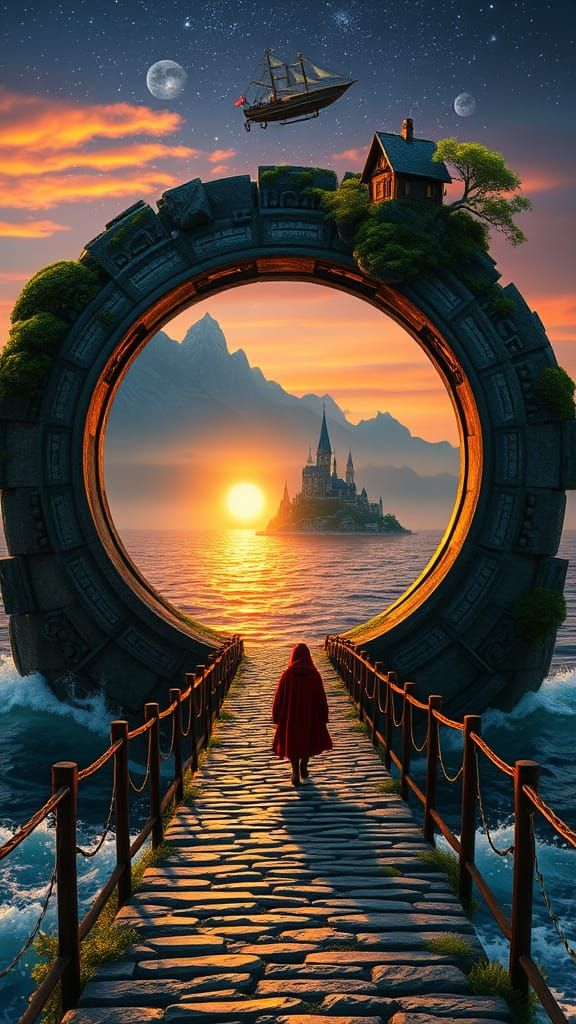 Fantasy Portal at Sunset in a Dreamlike Ocean Landscape