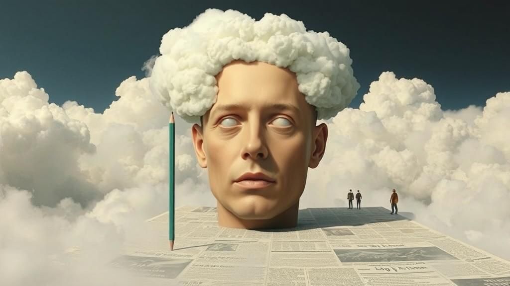 Surreal Giant Head on Newspaper in White Clouds