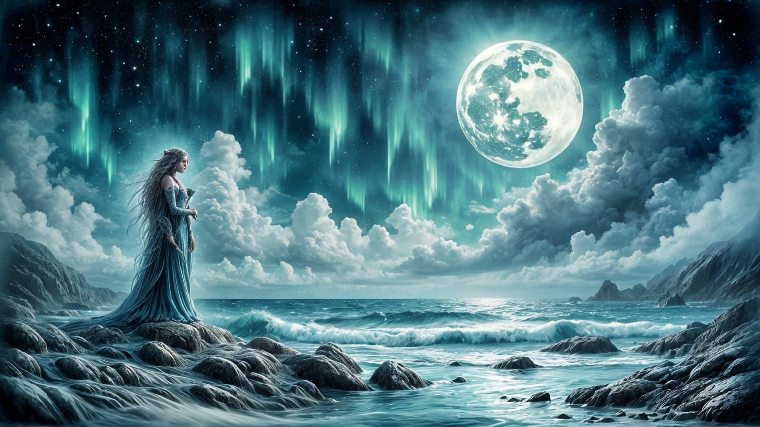 Mythic Guardian on Glass Shoreline Under Aurora Sky