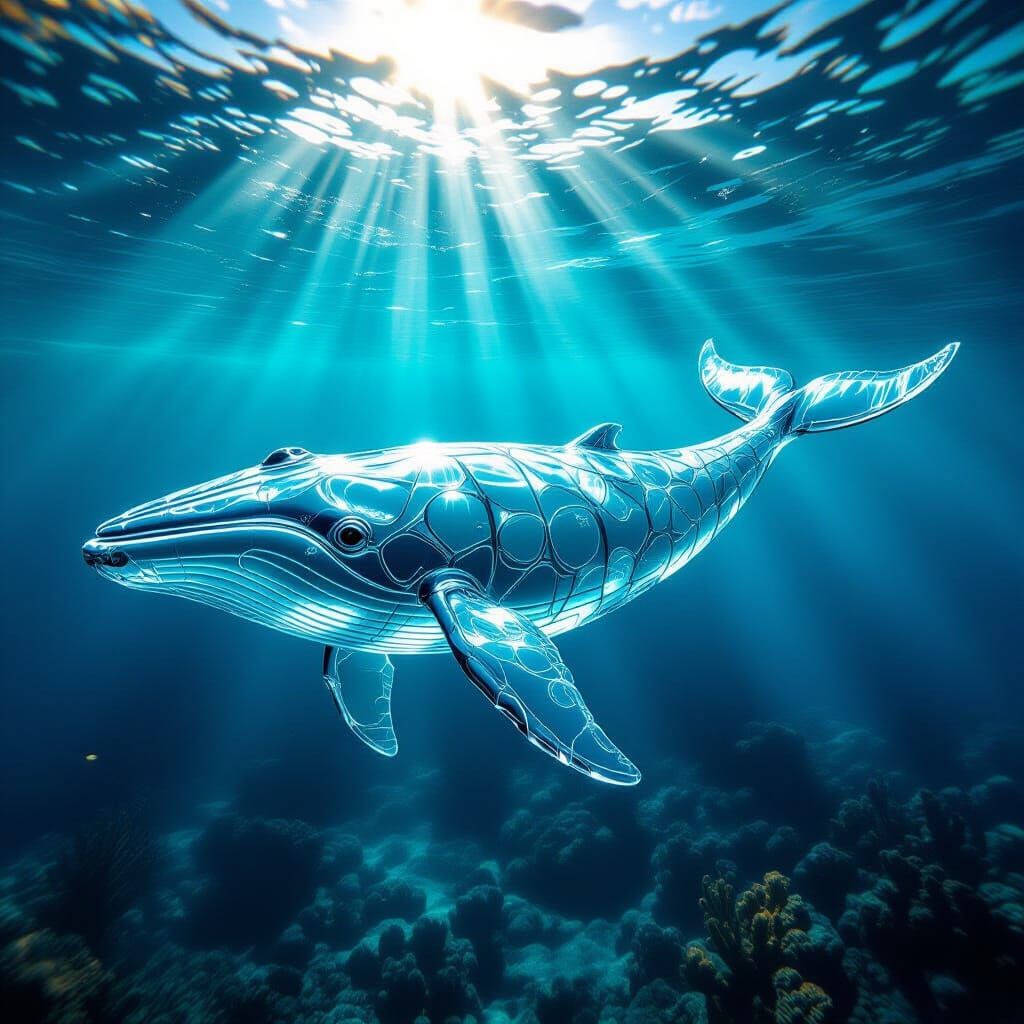 Intricate Glass Whale Sculpture in Moody Deep Sea Lighting