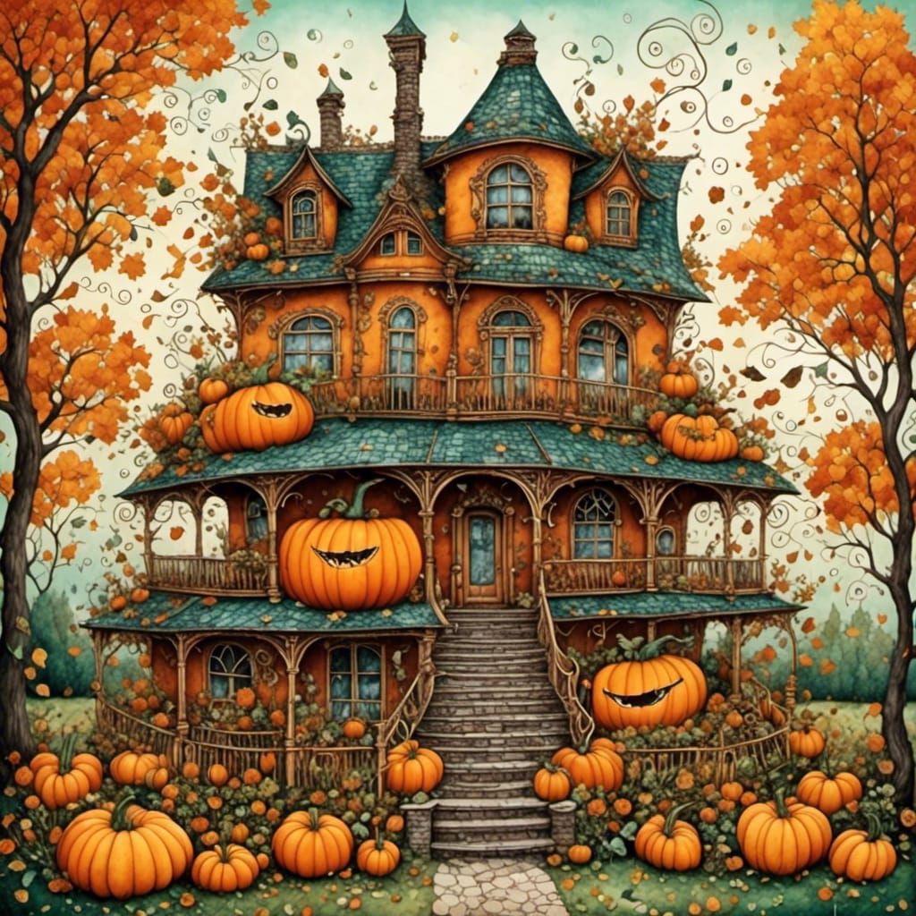 Whimsical Pumpkin House with Porch in Surreal Style