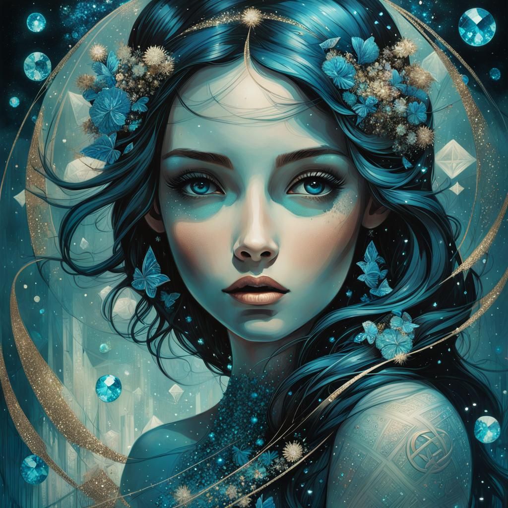 Girl in Blue Dreamscape Double Exposure, Art Brut