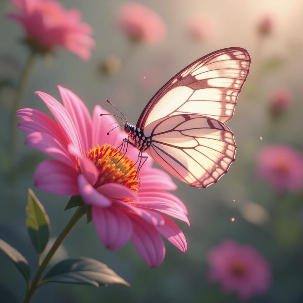 White and Pink Butterfly Lands on Flower in 3D Anime Style