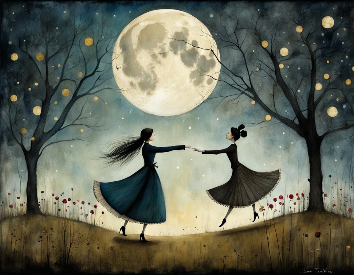 Magical Moonlight Dance Illustration in Whimsical Style